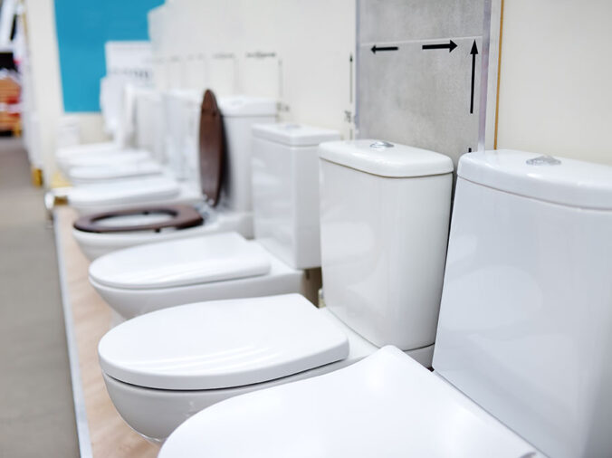 Toilets lined up in a wholesale plumbing supply showroom
